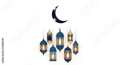 An illustration of elegant traditional lanterns hanging below a crescent moon for Ramadan, Eid al-Fitr, and Islamic cultural event invitations and greeting cards
