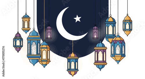Festive ramadan kareem celebration design featuring crescent moon, star, and ornate lanterns for islamic holiday greetings and cultural event invitations