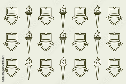 Repeated pattern of shields with banners and torches on a light background in a simple line style