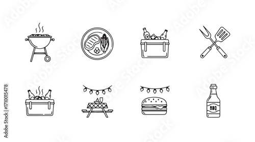 Barbecue grill utensils food picnic icons set outdoor celebration cooking summer fun elements silhouette