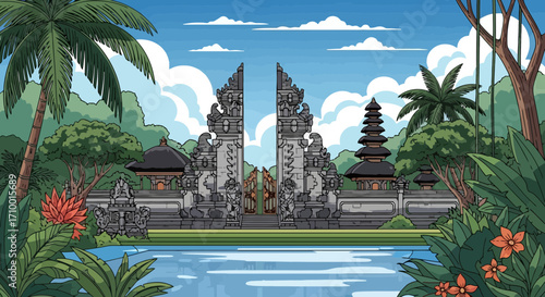 A serene bali gate illustration with traditional architecture, lush tropical vegetation, and calm waters reflecting cultural heritage for travel and tourism designs
