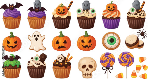Festive Halloween treats including cupcakes, candy, and cookies arranged playfully