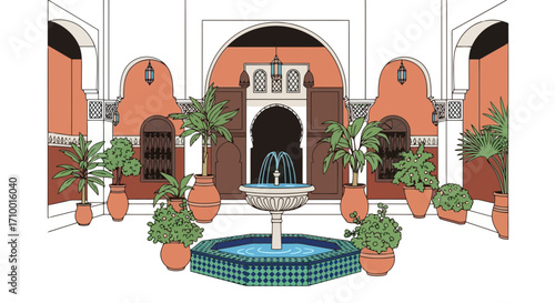 An intricate architectural illustration of a Moroccan riad courtyard featuring a central fountain, potted plants, and ornate detailing for travel brochures and interior design inspiration.