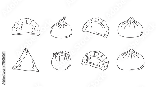 Assortment of delicious dumplings chinese food sketch line art delicious asian cuisine silhouette