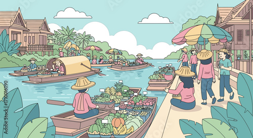 A picturesque floating market in Thailand featuring vendors selling fresh produce from traditional wooden boats amidst vibrant cultural architecture and tropical vegetation