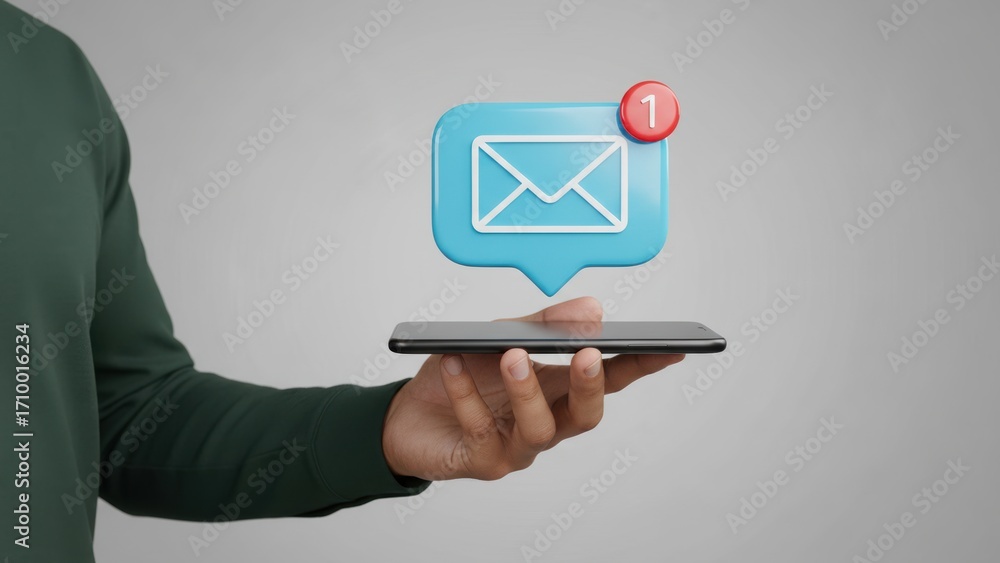 A hand holding a black smartphone with floating blue message icon and red badge, representing a notification alert and digital communication A hand holding a black smartphone with floating blue message icon and red badge, representing a notification alert and digital communication