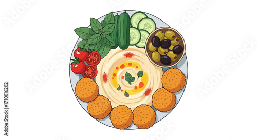 A vibrant and appetizing illustration of a middle eastern mezze plate featuring hummus, falafel, olives, and fresh vegetables on a bright white background
