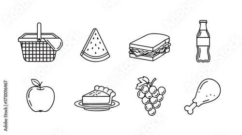 Hand drawn picnic food and basket elements for outdoor dining and refreshments silhouette