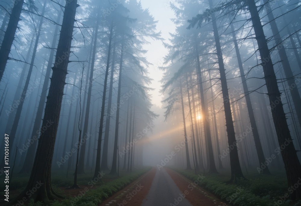 Fototapeta premium La niebla cubre un tranquilo sendero forestal al amanecer, con altos pinos y luz brillante filtrándose a través de las ramas
