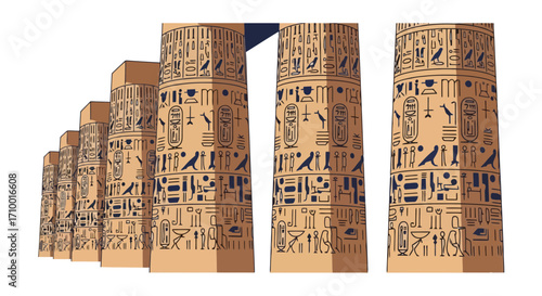An illustration of ancient Egyptian temple columns featuring hieroglyphs and architectural details suitable for history books, educational resources, and archaeological publications.