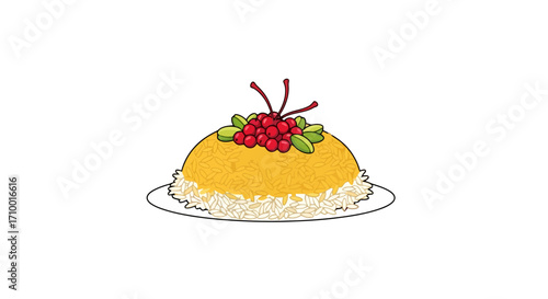 A delightful illustration of tahchin, a traditional iranian rice cake, decorated with barberries and pistachios, perfect for culinary blogs and restaurant menus