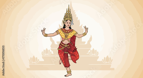 Exquisite apsara dancer illustration showcasing traditional cambodian culture for travel brochures and cultural heritage promotion, featuring intricate costume details and elegant movements