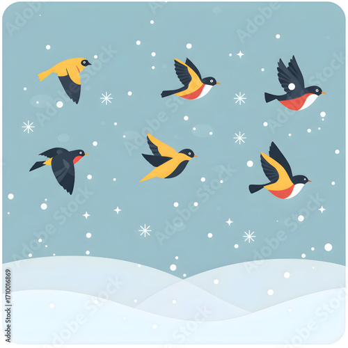 Colorful Birds Flying in Winter Snow Scene Illustration