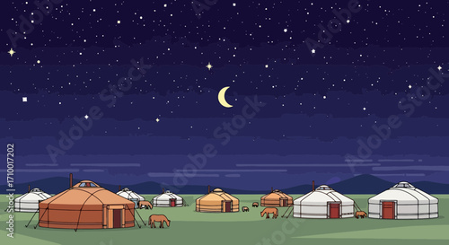 A serene night landscape featuring yurts under a starry sky, ideal for travel blogs, cultural illustrations, and peaceful background designs