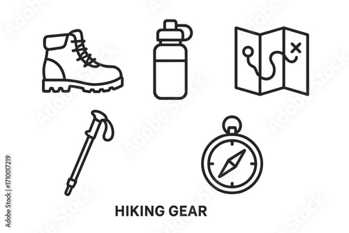Hiking Gear Icons – Boots, Water Bottle, Compass, Map, Trekking Pole_simple_compose