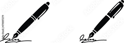 Two black fountain pens with signatures displayed on a white background
