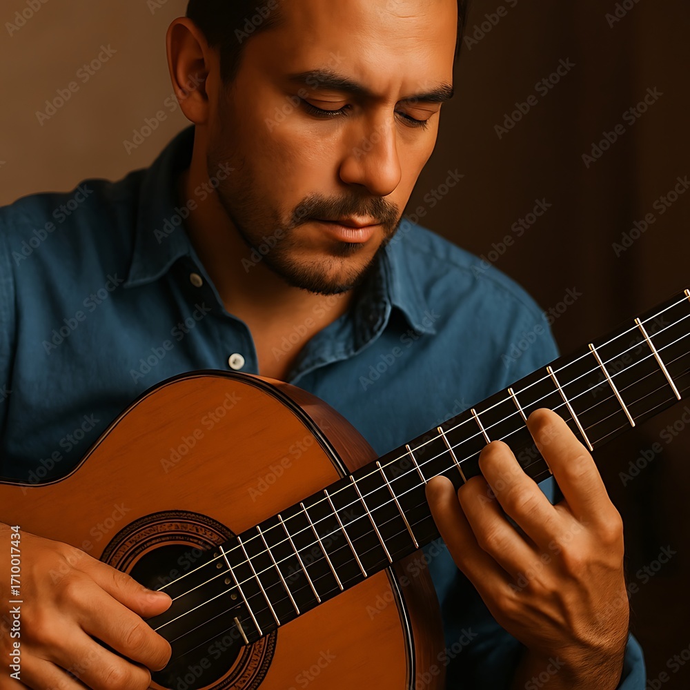 Obraz premium Concentrated man playing classical guitar with passion and skill in studio