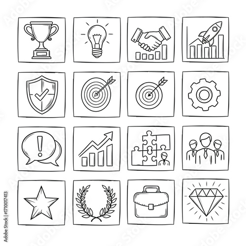 Vector art of business and strategy icons representing various aspects of corporate success and growth in a minimalist style
