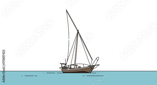 An isolated illustration of a vintage wooden sailboat with rigging and sails set against a clear blue sea, ideal for nautical design and educational materials
