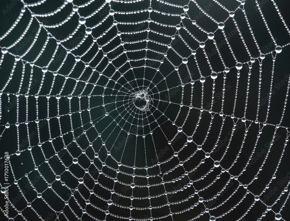 Obraz premium Dew drops decorating intricate spider web on dark background