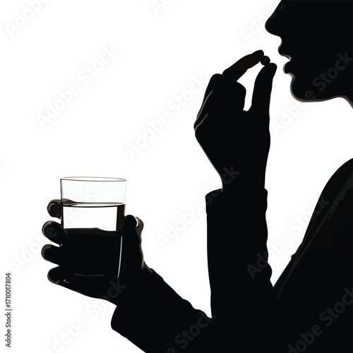 Vector art of silhouette of a person taking a pill with a glass of water, showcasing health and wellness practices