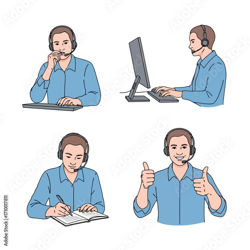 Depiction of a customer service representative wearing a headset, operating a computer and taking notes for use in training materials and website illustrations