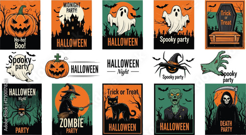 Vibrant Halloween illustrations featuring spooky characters and festive themes.