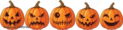 Five carved pumpkins with various spooky and happy Halloween faces in a row