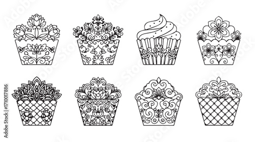 Ornate hand drawn cupcakes collection featuring intricate patterns and decorative designs black and white artistic sweets silhouette