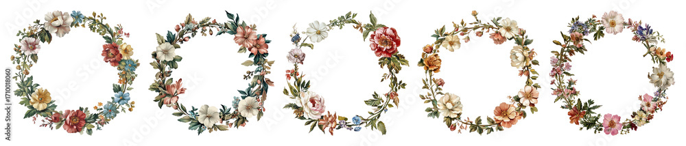Fototapeta premium PNG Vintage floral wreaths collection, element set on transparent background