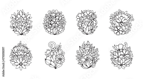 Eight detailed black and white egg shapes created with small abstract patterns and textures silhouette