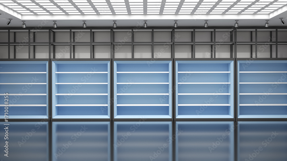Obraz premium Shop interior mockup with blank blue display cabinets against the wall. 3d illustration