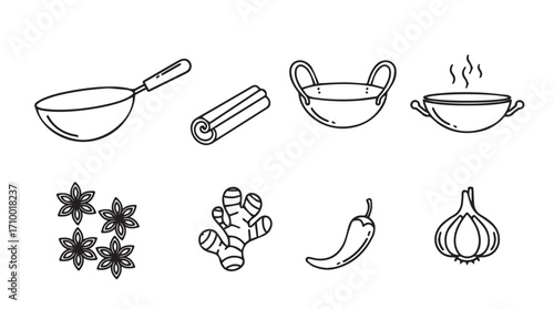 Hand drawn culinary ingredients and cooking utensils collection fresh food preparation elements silhouette