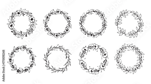 Collection of eight delicate hand-drawn botanical wreath frames with floral and leaf elements silhouette