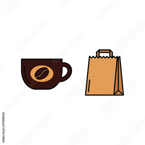 Vector art of coffee and takeout bag illustration, featuring a brown coffee cup with a bean and a brown paper bag