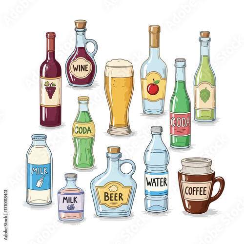 Illustration of various beverage bottles and containers, including wine, beer, milk, water, coffee, and soda