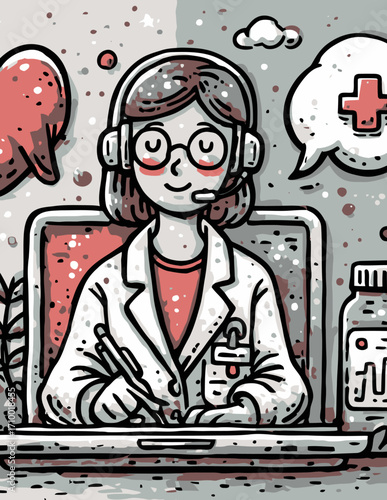 Ilustração vetorial de profissional de saúde em atendimento online