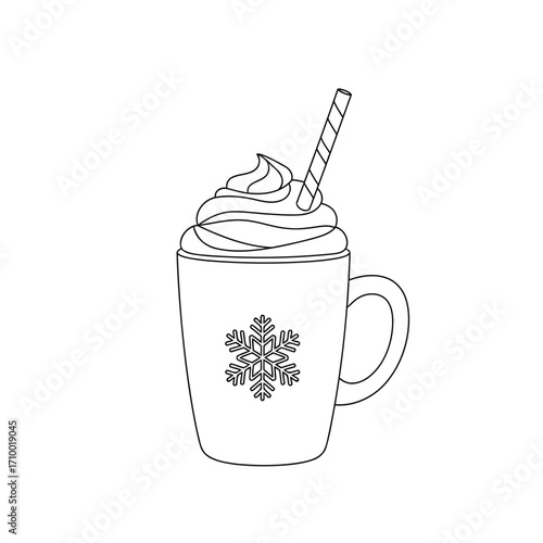 Vector art of a delightful mug of hot chocolate with whipped cream and a candy cane, adorned with a snowflake