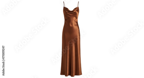 Isolated shimmering brown slip dress with spaghetti straps and cowl neck, apparel, elegance
