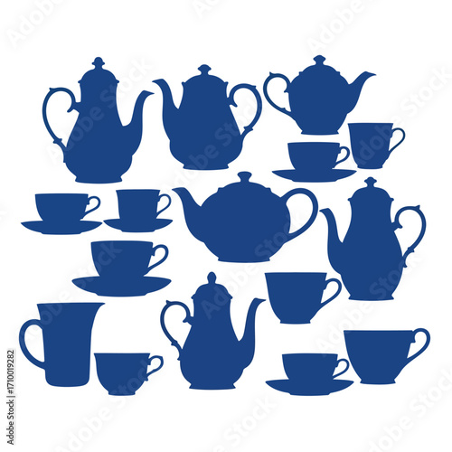 Vector art of silhouette of various teapots and teacups, creating a visually appealing and elegant composition
