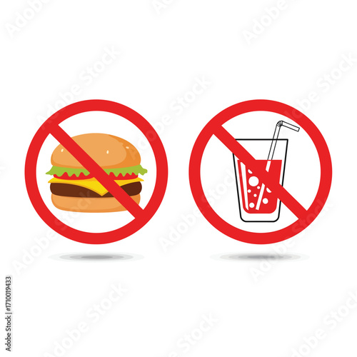 Vector art of prohibition signs for burger and soda, symbolizing unhealthy food and drink restrictions and promoting a healthy lifestyle