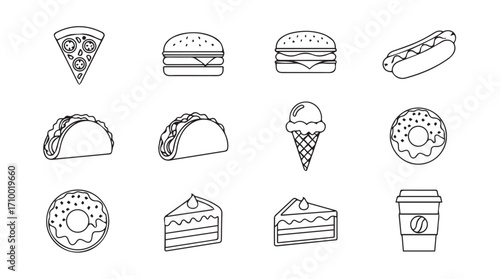 Collection of hand drawn fast food and dessert icons for a whimsical culinary design silhouette