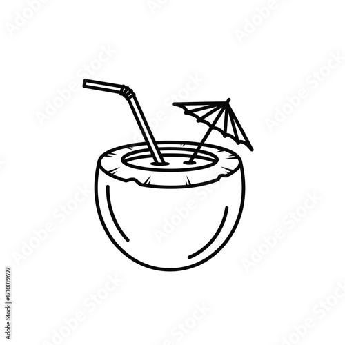 Vector art of minimalist coconut cocktail illustration with straw and umbrella, evoking tropical vibes and refreshing summer drinks