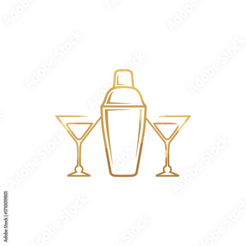 Vector art of elegant gold illustration of a cocktail shaker and martini glasses, , representing sophistication and mixology