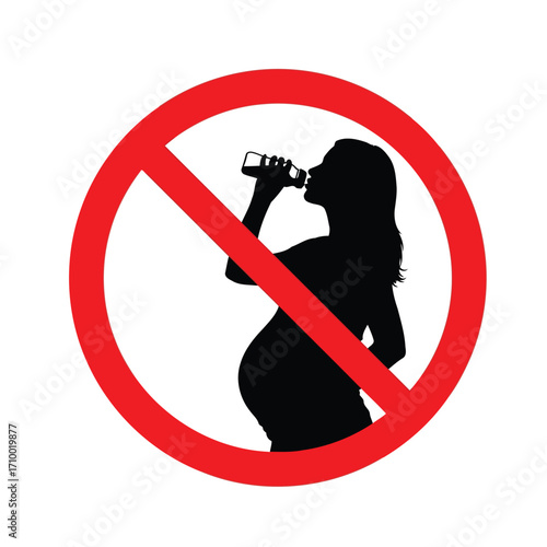 Vector art of a symbolic image of a pregnant woman drinking is crossed out with a red circle, , indicating a warning against alcohol consumption