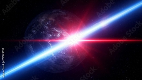 flash of beam of light above the planet