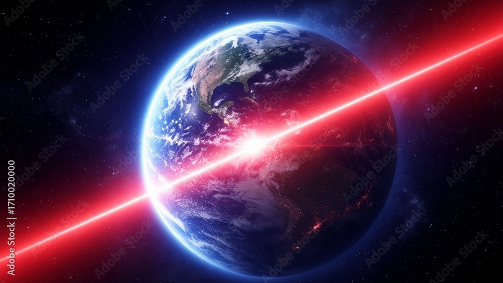 Obraz premium flash of beam of light above the planet
