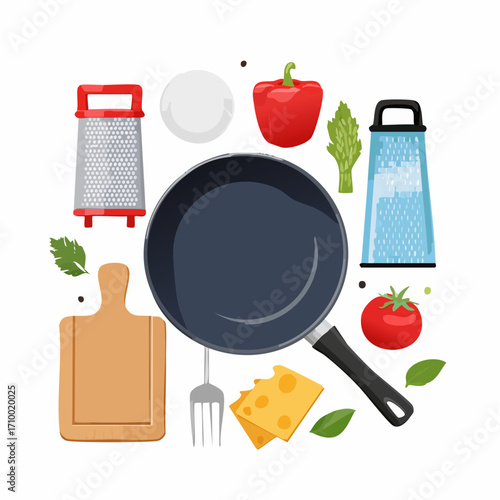 Kitchen utensil set. Frying pan, cutting board, grater, wok and other cooking tools, kitchenware collection
