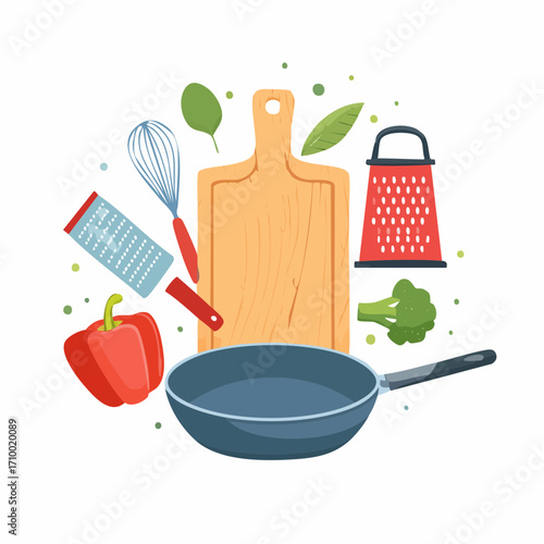 Kitchen utensil set. Frying pan, cutting board, grater, wok and other cooking tools, kitchenware collection