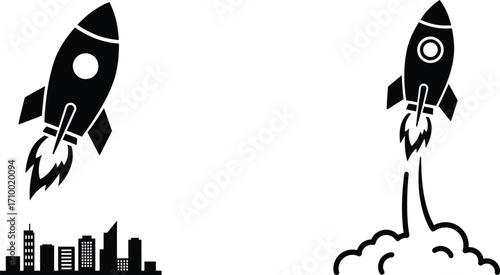 Two rocket ship icons ascending one near a city skyline